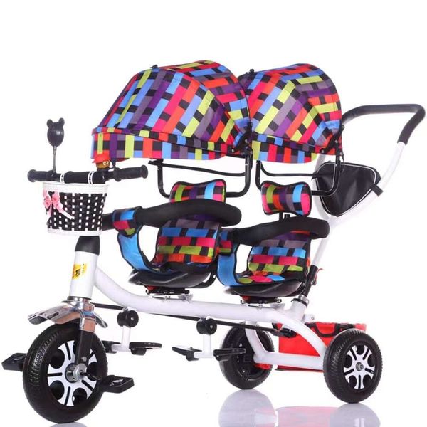 Venta al por mayor- Cochecito doble Cochecito de bicicleta para niños Asientos dobles Triciclo para bebés para gemelos Bicicleta plegable de tres ruedas Triciclo para gemelos Cochecitos