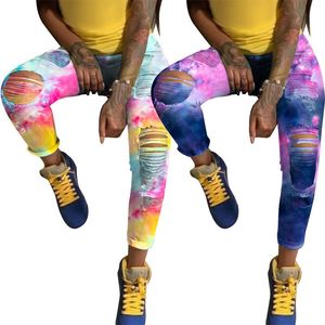 Ontwerp Vrouwen Tie Dye Print Gat Potlood Jeans Sexy Casual Hoge Taille Denim Broek Mode Broek