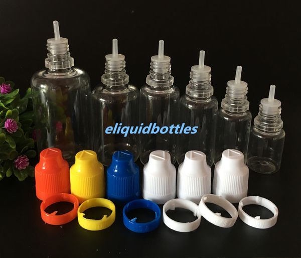 Venta al por mayor E Botellas cuentagotas de plástico líquido Sello a prueba de manipulaciones Tapa a prueba de niños Botella vacía de PET 10 ml 15 ml 20 ml 30 ml 50 ml con puntas largas y delgadas