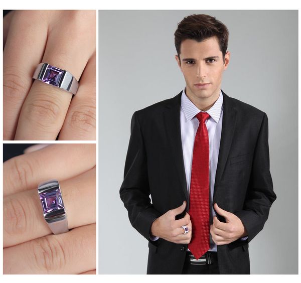 Venta al por mayor-e Solitario Joyería de moda Plata de ley 925 Princesa Cuadrado Amatista CZ Diamante Piedras preciosas Boda Hombres Anillo de banda Tamaño de regalo 8-12