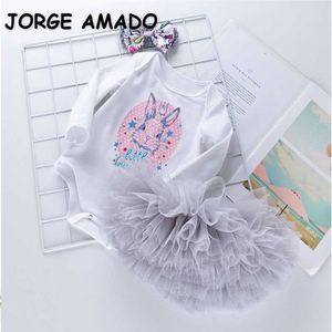 Venta al por mayor Ropa de Pascua Bebé Niña Conjuntos de 3 piezas Monos de manga larga de conejo de algodón + Falda TUTU + Diadema Trajes lindos E905 210610