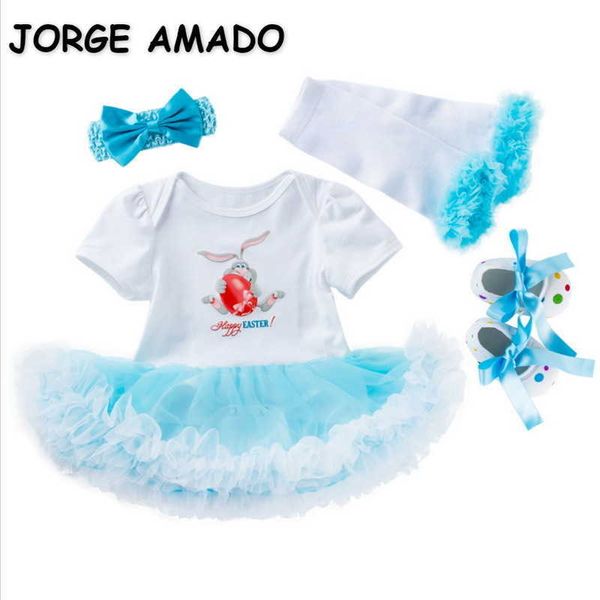 Venta al por mayor Ropa de Pascua Bebé Niña Conjuntos de 4 piezas Conejo Manga corta TUTU Mono + Calcetines + Diadema + zapatos Trajes E4012 210610