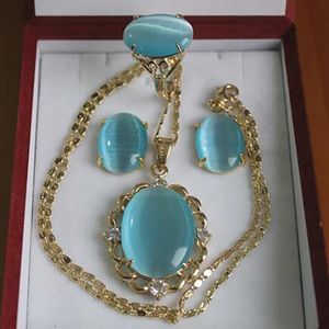 groothandel elegante 18kgp Inlay hemelsblauwe opaal hanger ketting oorbel ring sieraden set