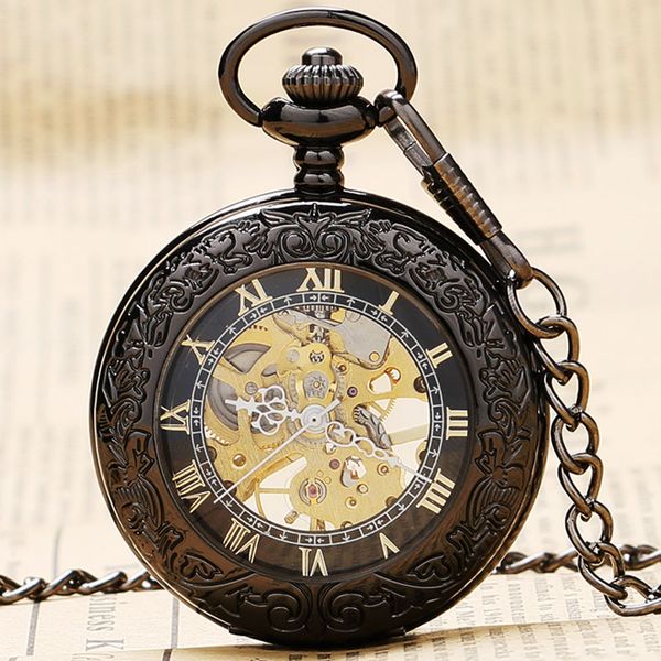 Al por mayor-elegante vidrio negro retro romano número esqueleto dial Steampunk mecánico Fob reloj de bolsillo con cadena para hombres mujeres