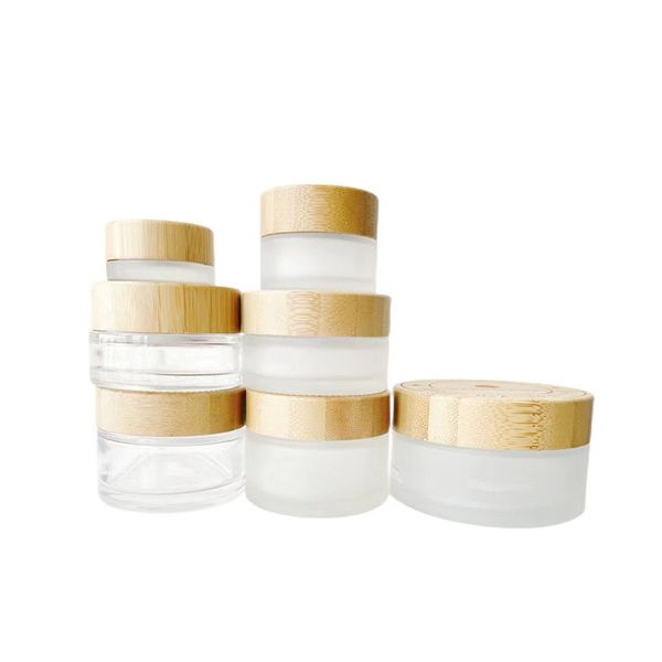 Bocaux en verre vides en gros naturel 5g 10g 20g 30g 50g 100g bouchon en bambou bouteille de crème pour le visage récipient de cire stockage clair bouteille givrée concentré pots Dab