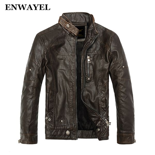 Vente en gros - ENWAYEL Automne Moto Vintage Hommes Vestes Manteau Moto PU Mâle Veste En Cuir Hommes Casual Col Montant Slim Fit Lether Marron