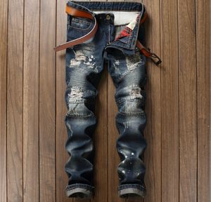 Gros- European American Style marque de mode mens jeans de luxe Pantalons en denim pour hommes Slim Straight trou bleu zipper jeans pantalons pour hommes