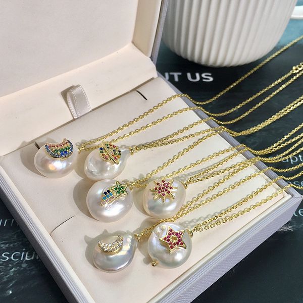 Vente en gros européens et américains ins lumière luxe S925 étoile d'argent sterling lunaire collier de perles en forme baroque naturel diamant