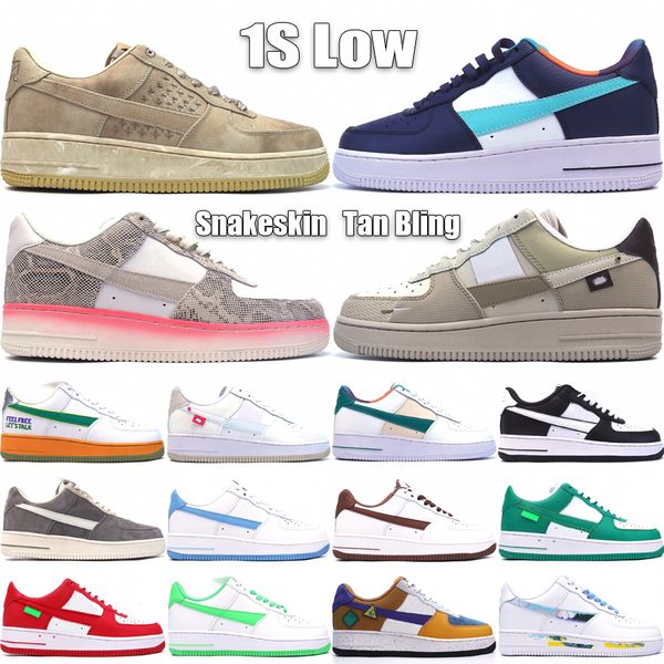 Top 1 Low Hommes Femmes Plate-forme Casual Chaussures en cuir Designer Notre 1S Snakeskin Tan Canvas Rose Bling University Blue Outdoor Sneakers Taille 36-45
