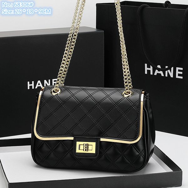 Venta al por mayor de fábrica bolsos de hombro para mujer atmósfera elegante bolso de cuero negro bolso de cadena a cuadros de costura clásica monedero de moda con borde de metal con tapa 68306 #