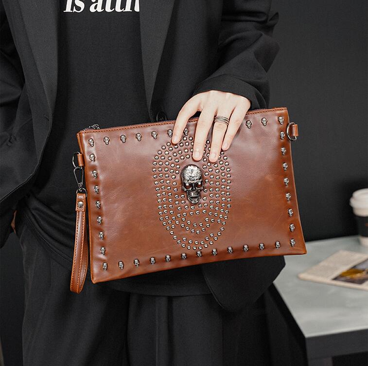 Wholesale factory men clutch bags street personalized rivet punk knapsack horizontal multi-card leather handbag large capacity brown fashion wrist bag