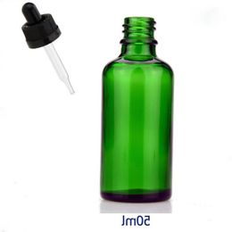 Prix ​​en gros de l'usine Green Glass Dropper Bottle 50 ml avec Black Aproof Cap Glass Glass Essential Huile Cosmetics Continer Vfoxe