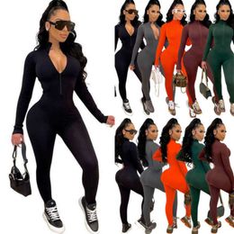 Groothandel Herfst en Winter Damesmode Sport Jumpsuits Vrije tijd bodysuits Strakke Siamese broek met lange mouwen Rits Rompertjes Bodycon Capri