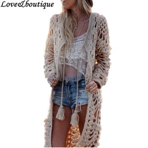 Venta al por mayor- Otoño Nuevas mujeres Estilo bohemio Crochet Hollow-out Borla Manga larga Cardigan de punto largo Suéter Ropa de punto informal Blusa con flecos