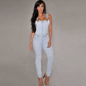 Groothandel - Dames Jumpsuit Denim Overalls 2017 Lente Herfst Blauwe Strap Ripped Zakken Volledige lengte Denim Jeans Skinny Jumpsuit