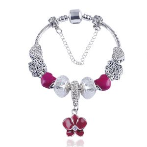 Venta al por mayor-Moda 925 Plata Flor de cristal de Murano Encantos europeos Cuentas Pulsera de cadena de seguridad Se adapta a las pulseras Pandora Charm