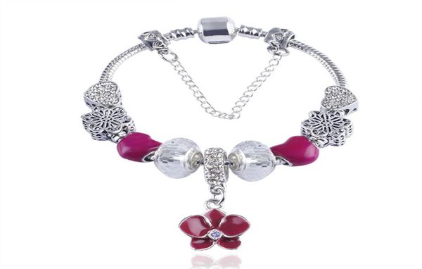 Gros-Mode 925 Argent Murano Verre Fleur Charms Européens Perles Chaîne De Sécurité Bracelet Convient Charm Bracelets6029285
