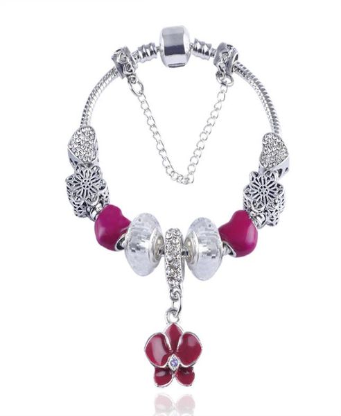 Gros-Mode 925 Argent Murano Verre Fleur Charms Européens Perles Chaîne De Sécurité Bracelet Convient Charm Bracelets6399828