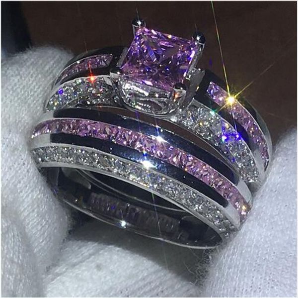 Comercio al por mayor de moda anillo de aniversario Set 10KT oro blanco lleno de compromiso anillos de boda para las mujeres rosa 5A joyería de circón