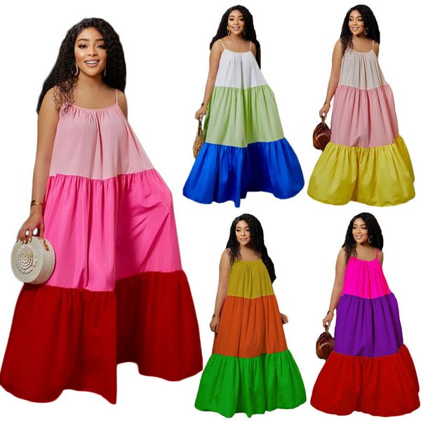 Venta al por mayor, moda, vestido de verano con oscilación grande, bloques de color, vestido de tirantes de talla grande, vestidos largos africanos