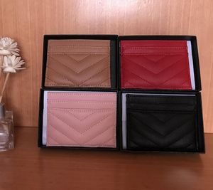 Venta al por mayor moda caviar mujeres titulares de tarjetas de crédito cuero hombres mini billetera color puro negro rosa gratis con caja