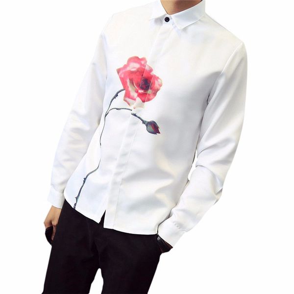 Vente en gros - Mode Casual Hommes À Manches Longues Revers Tops Casual Lâche Rose Impression Chemises Mélange De Fibres Blanc Couleur Blouse Blusas Hombre