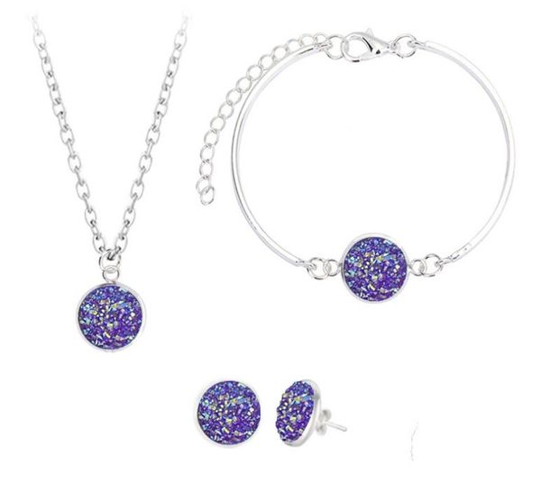 Gros-Mode Druzy Drusy Bijoux Ensembles Argent Plaqué Populaire Pierre Naturelle Cristal Bracelet Boucles D'oreilles Collier Pour Femmes Lady Bijoux