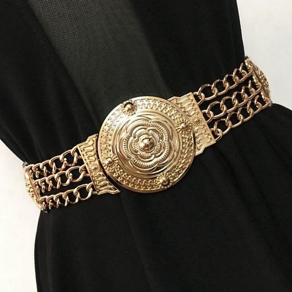 Al por mayor-Cinturón de cintura de cadena de metal de flor tallada en oro de moda para mujeres decoración de vestido de fiesta cinturones elásticos faja ancha de alta calidad femenina