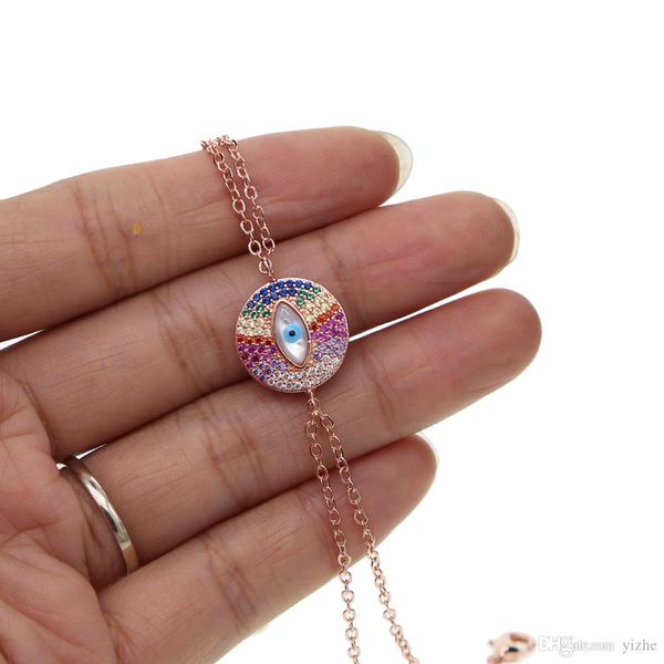 Venta al por mayor- joyería de moda pavimenta multicolor cz piedra del arco iris nácar mal de ojo encanto doble cadena pulsera de oro rosa para niña