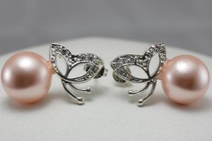 Groothandel mode-sieraden stijlvolle roze 8mm shell parel vlinder verzilverd oorbel # 207