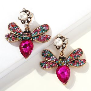 Groothandel- Mode Luxe Designer Overdreven Kleurrijke Diamond Crystal Mooie Leuke Insecten Bee Pearl Pendant Stud Oorbellen voor Vrouwen