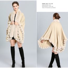 Groothandel-mode luxe handwerk bontjas cape lange grote kasjmier faux bont overjas mantel sjaal vrouwen herfst winter wraps poncho