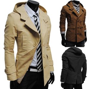 Wholesale- Fashion Mens Double Breasted Design Windbreaker Jacket Lente en Herfst Tij Slim Hooded Windbreaker Jas