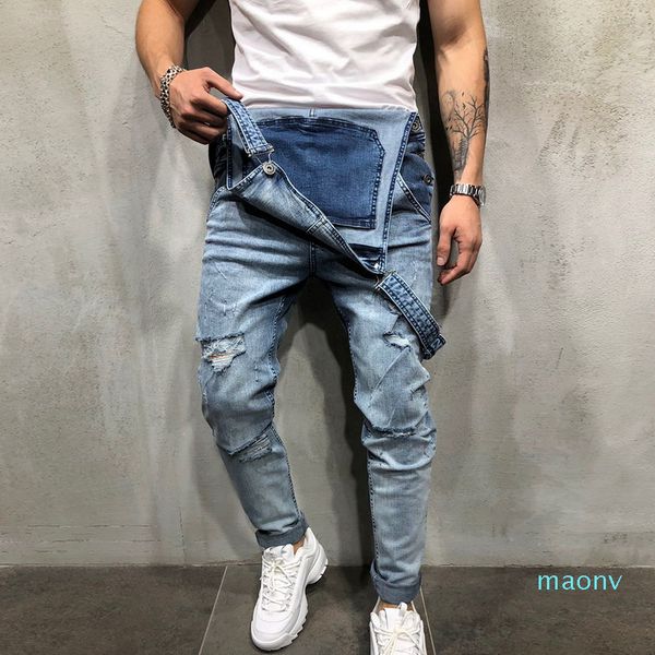 Gros-Mode Hommes Ripped Jeans Combinaisons Street Distressed Hole Denim Salopette pour Homme Jarretelles Pantalon Taille M-XXL