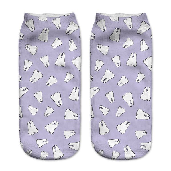 Calcetines Calcetería Al por mayor-Moda Llegada Mujeres Calcetín 3D Dientes impresos Púrpura Estilo Harajuku Calzini lindo Calzas unisex Tobillo de corte bajo para Gir