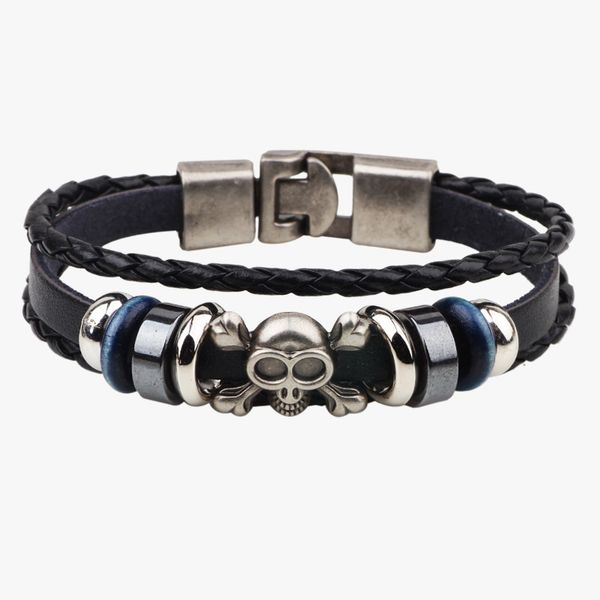 Venta al por mayor pulsera de calavera punk tejida a mano pulsera de cuero multicapa para hombres joyería de hip hop