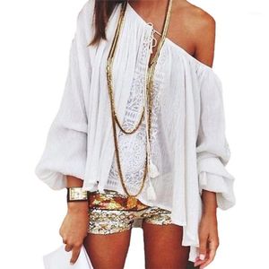 Camiseta de mujer Al por mayor- Moda Sexy Mujer Boho Lace Crochet Off Hombro Tops Manga larga Casual Gasa Camiseta Femme Tallas grandes Blusa