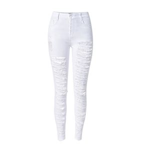 Gros- Mode blanc trou jeans femme crayon pantalon skinny jeans déchirés pour les femmes vaqueros mujer jean denim pantalon pantalon jean femme