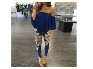 Dames Blouses Shirts Groothandel- Feitong Off Shoulder Top Blouse bijgesneden voor damesmouwloos shirt Solid Ruffle Woman Tops Chemis