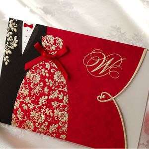 Vente en gros - Cartes d'invitation de mariage avec cravate en soie rouge brillant et festif avec enveloppes et sceaux, impression gratuite