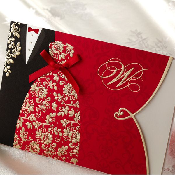 Venta al por mayor- Tarjetas de invitaciones de boda con lazo de seda para amantes brillantes rojos festivos con sobres y sellos, impresión gratuita