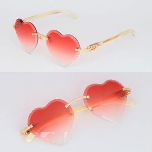 Gros cadre flottant lunettes de soleil sans monture pour femme Original blanc véritable corne lunettes de soleil luxe pêche coeur modèle mâle et femelle diamant coupe lunettes de soleil chaud