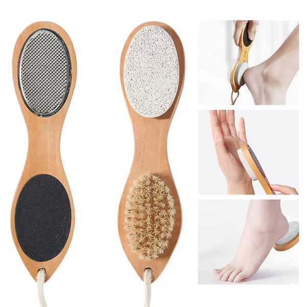 wholesale Pied Brosse Pierre Ponce Râpe Lime Exfoliante Pierre Bambou Poignée Pédicure Outil 4 en 1 Multi-fonctionnel Gommage Des Pieds DH98