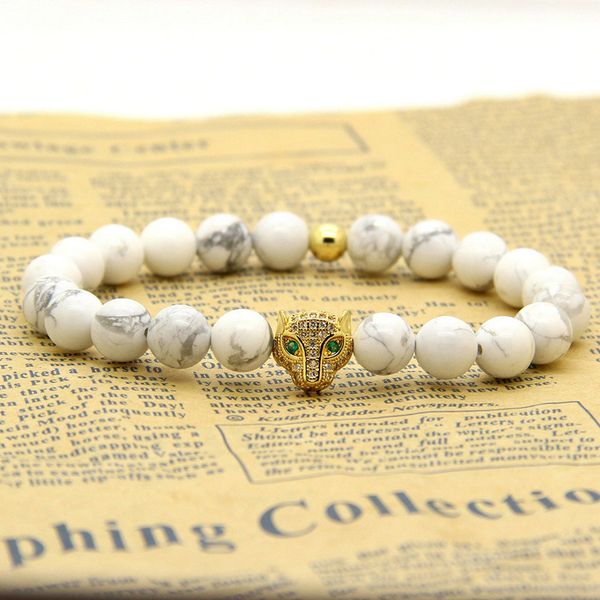 Tête de léopard Micro pavée, quatre couleurs, avec perles de marbre Howlite blanc, bracelets à breloques, 10 pièces/lot, meilleurs bijoux pour hommes, vente en gros