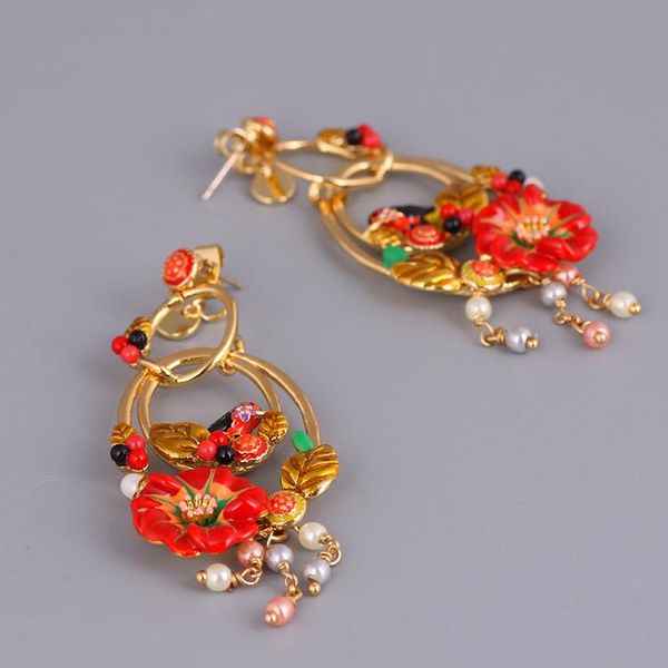 Boucles d'oreilles d'hirondelle de fleur de marque française en gros pour les filles plaqué or 18 carats cercle oreille Stud S925 boucle d'oreille aiguille bijoux en émail pour femmes