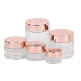 Groothandel Frosted Glass Cream Jar Clear Cosmetic Bottle Lotion Lip Balmcontainer met Rose Gold Deksel 5G 10G 30G 50G 100G PACKING Flessen 0430