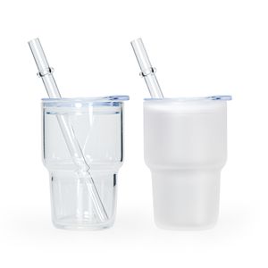 Gobelet en verre transparent Oz Mini Shot, vente en gros, blanc givré par sublimation, avec paille et couvercle