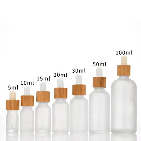 wholesale Flacon compte-gouttes en verre blanc givré 10 ml 15 ml 20 ml 30 ml 50 ml avec bouchon en bambou 1 oz bouteilles d'huile essentielle en bois LL