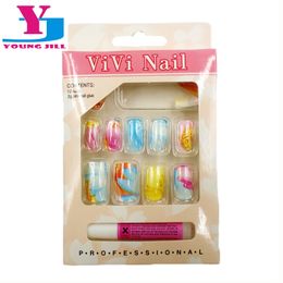 Groothandel-Full Cover Nails UV Gel Valse Nep Art Nail Tips Mode Kleurrijke Faux Ongel 12 Stuks / Set Met Lijm Zomerliefhebbers Meisje / Vrouwen