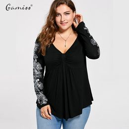 Groothandel-gamiss vrouwen sexy v-hals floral patroon lange mouw gedrapeerde T-shirt herfst casual femme losse tops Tees plus size XL-5XL